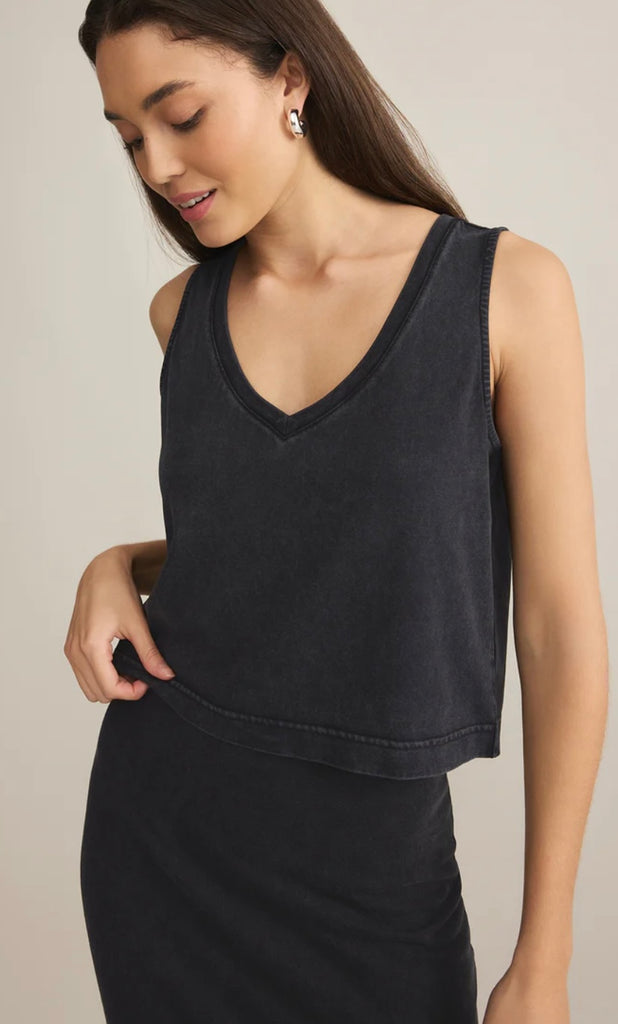 Washed black v-neck tank top