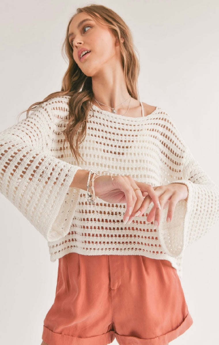Open knit bell sleeve sweater