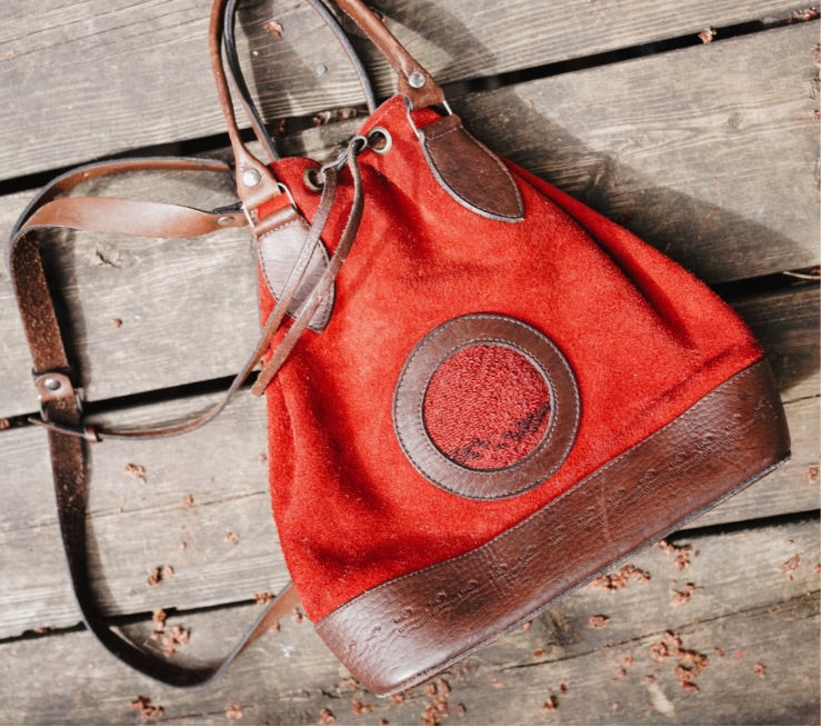 Red leather bucket purse